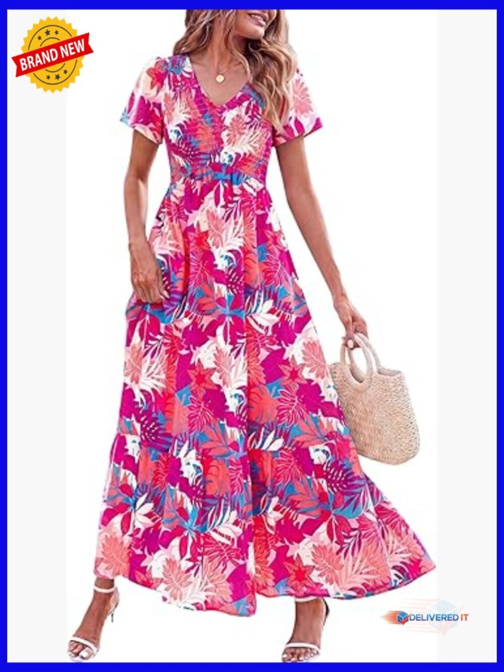 Boho Floral Smocked Maxi Dress V Neck Short Sleeve with Pockets